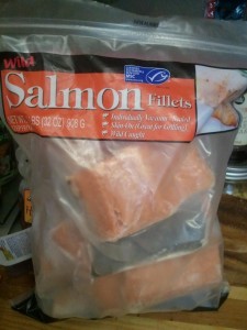 bag of frozen salmon fillets